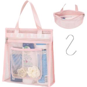 imageFcolor Mesh Shower Caddy Portable Hanging  3 Pockets Small Shower Bag Tote for Camping Gym Travel Toiletry Quick Dry Bathroom Essentials with S Hook PinkPink