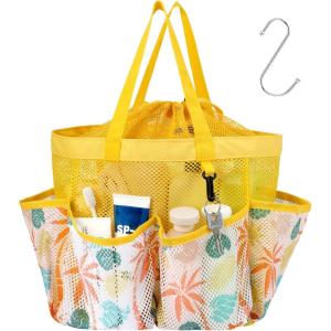 imageFcolor Mesh Shower Caddy Portable with Drawstring  Upgrade Deeper 7 Pockets Dorm Room Essentials for Guys Girls with S Hook Shower Bag Basket Tote for College Camping Bathroom Yellow BeachYellow Beach with Drawstring