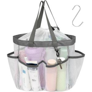 imageFcolor Mesh Shower Caddy Portable with Drawstring  Upgrade Deeper 7 Pockets Dorm Room Essentials for Guys Girls with S Hook Shower Bag Basket Tote for College Camping Bathroom Yellow BeachWhite with Drawstring