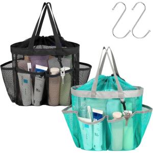 imageFcolor Mesh Shower Caddy Portable with Drawstring  Upgrade Deeper 7 Pockets Dorm Room Essentials for Guys Girls with S Hook Shower Bag Basket Tote for College Camping Bathroom Yellow Beach2 Pack Black  Mint Green with Drawstring