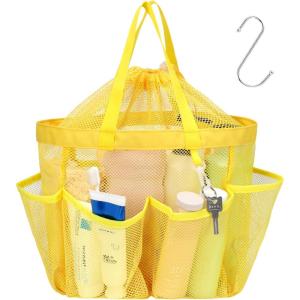 imageFcolor Mesh Shower Caddy Portable with Drawstring  Upgrade Deeper 7 Pockets Dorm Room Essentials for Guys Girls with S Hook Shower Bag Basket Tote for College Camping Bathroom Yellow BeachYellow with Drawstring