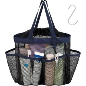 imageFcolor Mesh Shower Caddy Portable with Drawstring  Upgrade Deeper 7 Pockets Dorm Room Essentials for Guys Girls with S Hook Shower Bag Basket Tote for College Camping Bathroom Yellow BeachBlack with Dark Blue with Drawstring