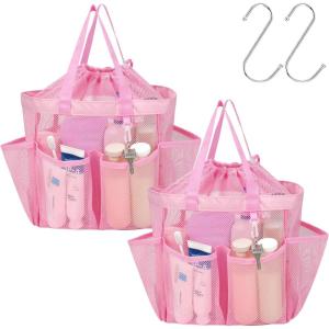 imageFcolor Mesh Shower Caddy Portable with Drawstring  Upgrade Deeper 7 Pockets Dorm Room Essentials for Guys Girls with S Hook Shower Bag Basket Tote for College Camping Bathroom Yellow Beach2 Pack Pink with Drawstring