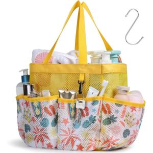 imageFcolor Mesh Shower Caddy Portable with Drawstring  Upgrade Deeper 7 Pockets Dorm Room Essentials for Guys Girls with S Hook Shower Bag Basket Tote for College Camping Bathroom Yellow BeachL  Yellow Beach