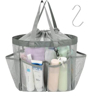 imageFcolor Mesh Shower Caddy Portable with Drawstring  Upgrade Deeper 7 Pockets Dorm Room Essentials for Guys Girls with S Hook Shower Bag Basket Tote for College Camping Bathroom Yellow BeachGrey with Drawstring