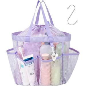 imageFcolor Mesh Shower Caddy Portable with Drawstring  Upgrade Deeper 7 Pockets Dorm Room Essentials for Guys Girls with S Hook Shower Bag Basket Tote for College Camping Bathroom Yellow BeachPurple with Drawstring