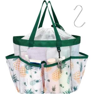 imageFcolor Mesh Shower Caddy Portable with Drawstring  Upgrade Deeper 7 Pockets Dorm Room Essentials for Guys Girls with S Hook Shower Bag Basket Tote for College Camping Bathroom Yellow BeachGreen Pineapple with Drawstring