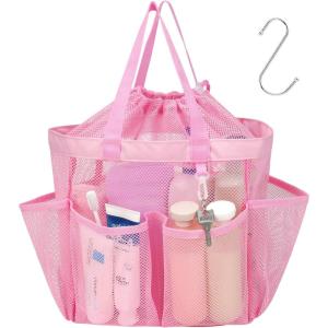 imageFcolor Mesh Shower Caddy Portable with Drawstring  Upgrade Deeper 7 Pockets Dorm Room Essentials for Guys Girls with S Hook Shower Bag Basket Tote for College Camping Bathroom Yellow BeachPink with Drawstring
