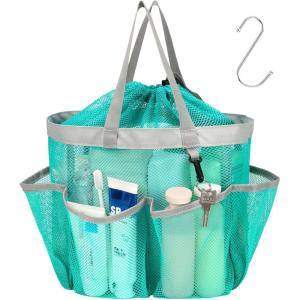 imageFcolor Mesh Shower Caddy Portable with Drawstring  Upgrade Deeper 7 Pockets Dorm Room Essentials for Guys Girls with S Hook Shower Bag Basket Tote for College Camping Bathroom Yellow BeachMint Green with Drawstring