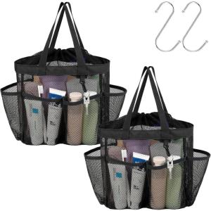 imageFcolor Mesh Shower Caddy Portable with Drawstring  Upgrade Deeper 7 Pockets Dorm Room Essentials for Guys Girls with S Hook Shower Bag Basket Tote for College Camping Bathroom Yellow Beach2 Pack Black with Drawstring