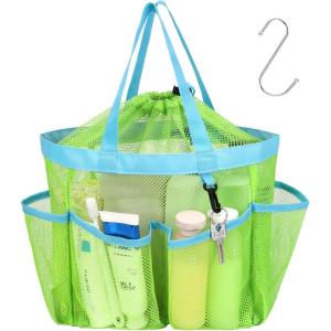 imageFcolor Mesh Shower Caddy Portable with Drawstring  Upgrade Deeper 7 Pockets Dorm Room Essentials for Guys Girls with S Hook Shower Bag Basket Tote for College Camping Bathroom Yellow BeachGreen with Drawstring