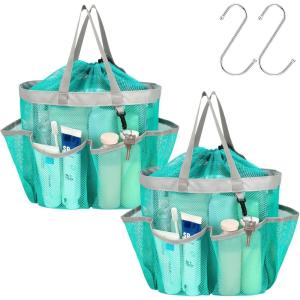 imageFcolor Mesh Shower Caddy Portable with Drawstring  Upgrade Deeper 7 Pockets Dorm Room Essentials for Guys Girls with S Hook Shower Bag Basket Tote for College Camping Bathroom Yellow Beach2 Pack Mint Green with Drawstring