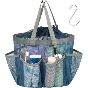 imageFcolor Mesh Shower Caddy Portable with Drawstring  Upgrade Deeper 7 Pockets Dorm Room Essentials for Guys Girls with S Hook Shower Bag Basket Tote for College Camping Bathroom Yellow BeachBlue with Drawstring