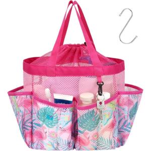 imageFcolor Mesh Shower Caddy Portable with Drawstring  Upgrade Deeper 7 Pockets Dorm Room Essentials for Guys Girls with S Hook Shower Bag Basket Tote for College Camping Bathroom Yellow BeachPink Flamingo with Drawstring