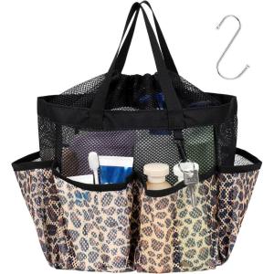 imageFcolor Mesh Shower Caddy Portable with Drawstring  Upgrade Deeper 7 Pockets Dorm Room Essentials for Guys Girls with S Hook Shower Bag Basket Tote for College Camping Bathroom Yellow BeachLeopard with Drawstring