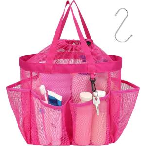 imageFcolor Mesh Shower Caddy Portable with Drawstring  Upgrade Deeper 7 Pockets Dorm Room Essentials for Guys Girls with S Hook Shower Bag Basket Tote for College Camping Bathroom Yellow BeachRose red with Drawstring