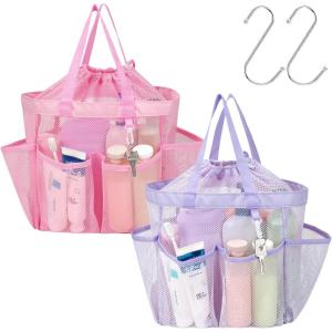 imageFcolor Mesh Shower Caddy Portable with Drawstring  Upgrade Deeper 7 Pockets Dorm Room Essentials for Guys Girls with S Hook Shower Bag Basket Tote for College Camping Bathroom Yellow Beach2 Pack Purple  Pink with Drawstring