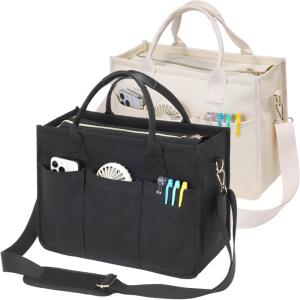 imageFcolor College Tote Bag for School  Large Canvas Nurse Bag with Pockets and Compartment2 Pack  Black  Beige