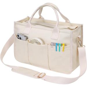 imageFcolor College Tote Bag for School  Large Canvas Nurse Bag with Pockets and CompartmentBeige With Zipper
