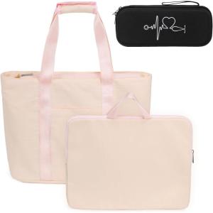 imageFcolor College Tote Bag for School  Large Nylon Nurse Bag with Laptop Sleeve Zipper and Compartment for Women StudentsPink With Eva Stethoscope Case