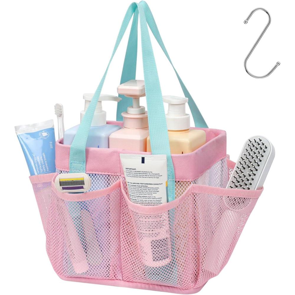 image:imageFcolor Mesh Shower Caddy Portable Stand Up  8 Pockets Dorm Room Essentials for Guys Girls with S Hook Shower Bag Basket Tote for College Camping Bathroom Pink with Mint GreenPink with Mint Green Handles