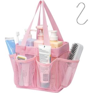image:imageFcolor Mesh Shower Caddy Portable Stand Up  8 Pockets Dorm Room Essentials for Guys Girls with S Hook Shower Bag Basket Tote for College Camping Bathroom Pink with Mint GreenPink