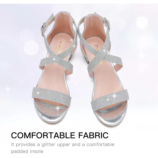 Dufannie Girls Sandals Low Heels Dress Pump Ankle Strap Open Toe Flower Girl Wedding Party for Toddler Little Big KidCross Glitter Silver