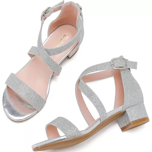 Dufannie Girls Sandals Low Heels Dress Pump Ankle Strap Open Toe Flower Girl Wedding Party for Toddler Little Big KidCross Glitter Silver
