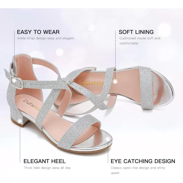 Dufannie Girls Sandals Low Heels Dress Pump Ankle Strap Open Toe Flower Girl Wedding Party for Toddler Little Big KidCross Glitter Silver