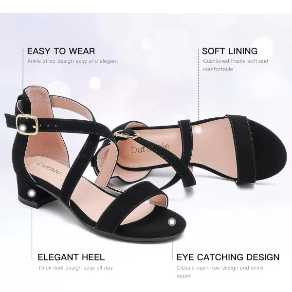 Dufannie Girls Sandals Low Heels Dress Pump Ankle Strap Open Toe Flower Girl Wedding Party for Toddler Little Big KidCross Nubuck Black
