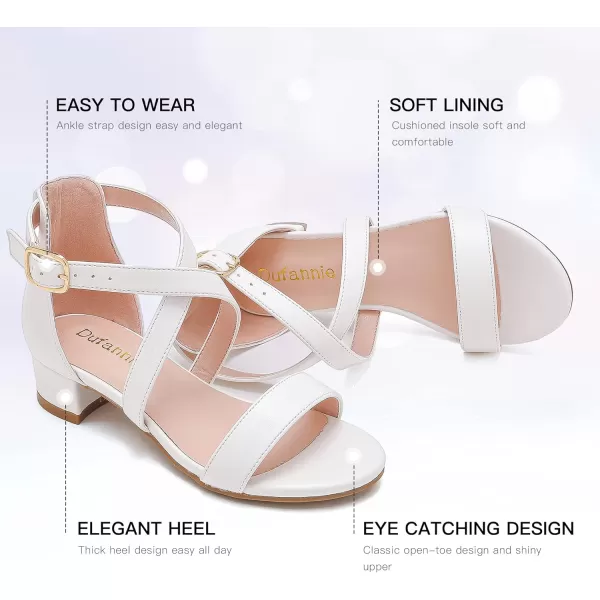 Dufannie Girls Sandals Low Heels Dress Pump Ankle Strap Open Toe Flower Girl Wedding Party for Toddler Little Big KidCross Pu White