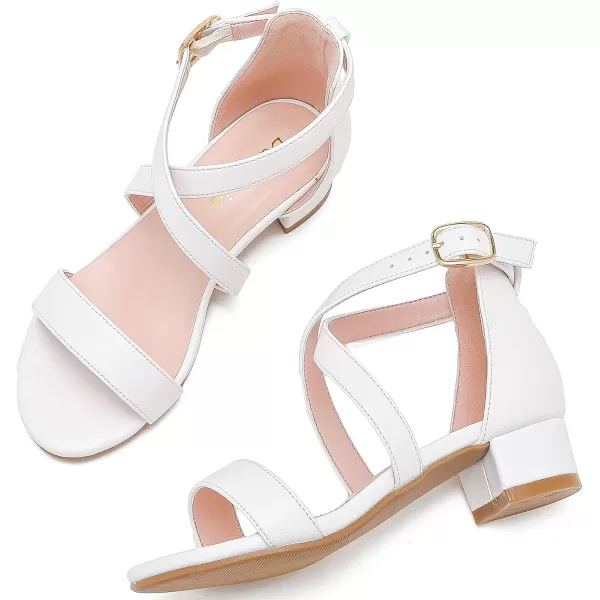 Dufannie Girls Sandals Low Heels Dress Pump Ankle Strap Open Toe Flower Girl Wedding Party for Toddler Little Big KidCross Pu White