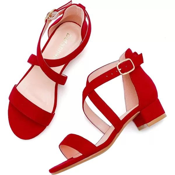 Dufannie Girls Sandals Low Heels Dress Pump Ankle Strap Open Toe Flower Girl Wedding Party for Toddler Little Big KidCross Suded Red