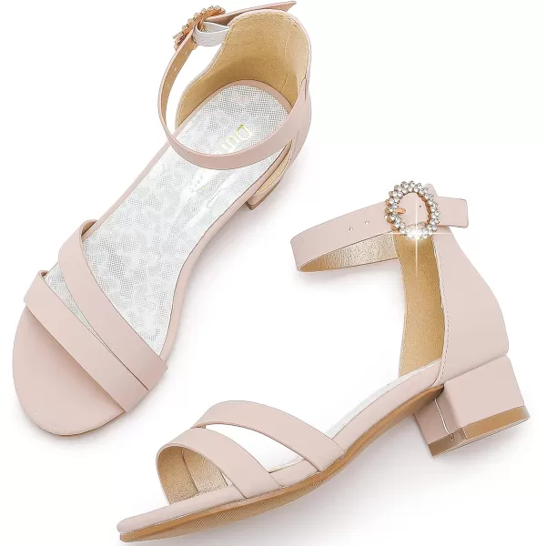 Dufannie Girls Sandals Low Heels Dress Pump Ankle Strap Open Toe Flower Girl Wedding Party for Toddler Little Big KidDouble Nubuck Nude