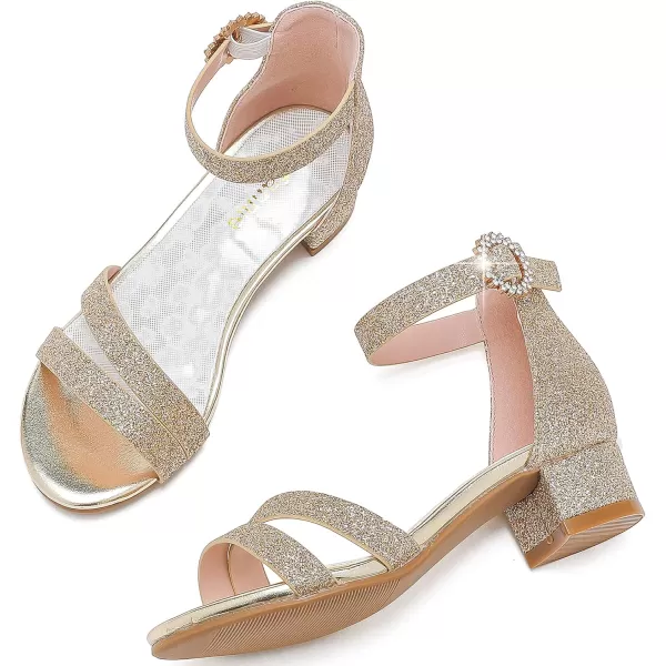 Dufannie Girls Sandals Low Heels Dress Pump Ankle Strap Open Toe Flower Girl Wedding Party for Toddler Little Big KidDouble Shimmer Gold