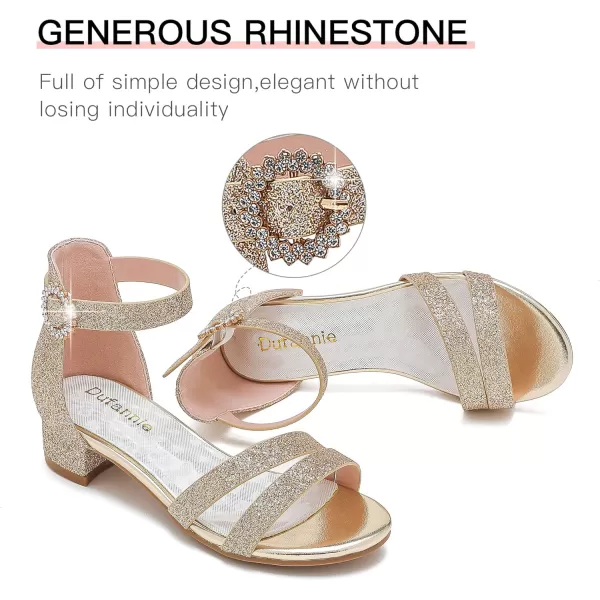 Dufannie Girls Sandals Low Heels Dress Pump Ankle Strap Open Toe Flower Girl Wedding Party for Toddler Little Big KidDouble Shimmer Gold