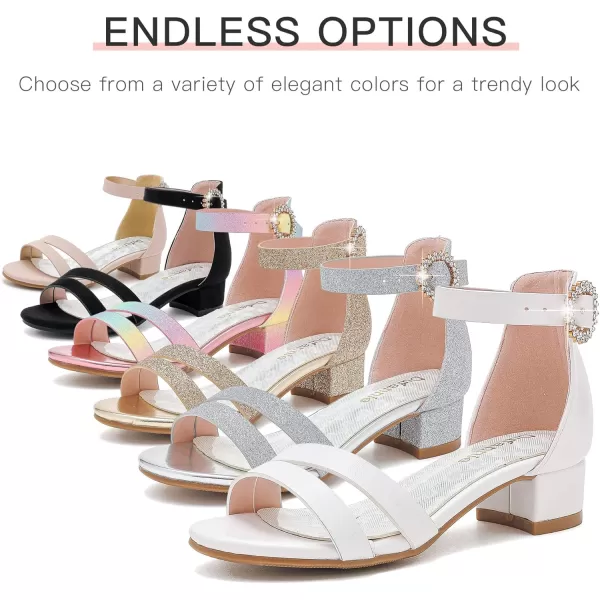 Dufannie Girls Sandals Low Heels Dress Pump Ankle Strap Open Toe Flower Girl Wedding Party for Toddler Little Big KidDouble Shimmer Silver