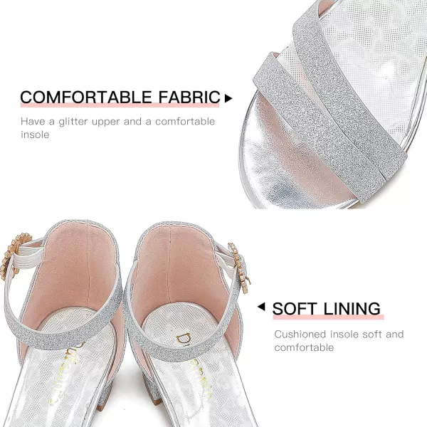 Dufannie Girls Sandals Low Heels Dress Pump Ankle Strap Open Toe Flower Girl Wedding Party for Toddler Little Big KidDouble Shimmer Silver