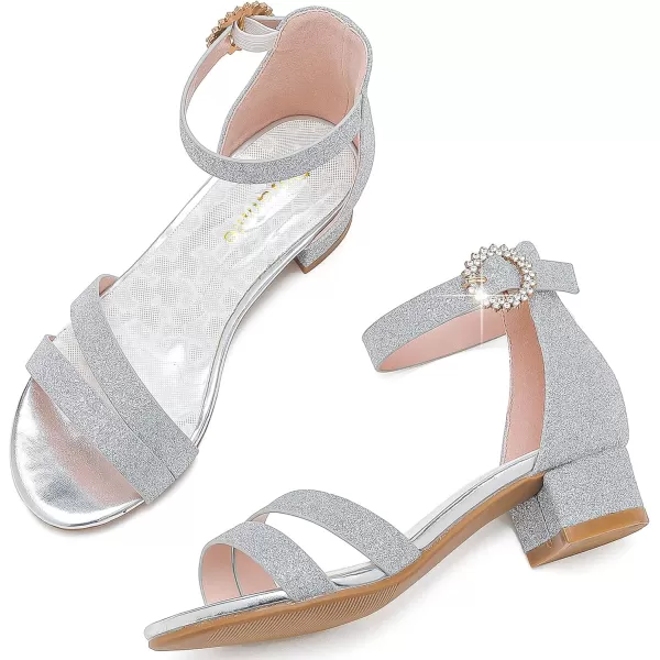 Dufannie Girls Sandals Low Heels Dress Pump Ankle Strap Open Toe Flower Girl Wedding Party for Toddler Little Big KidDouble Shimmer Silver