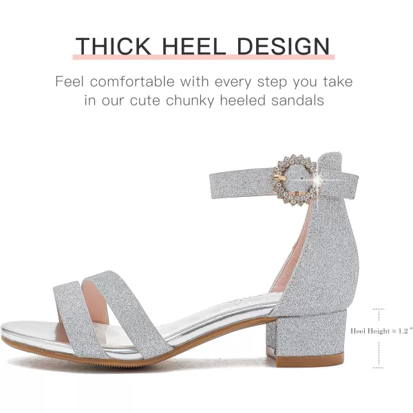 Dufannie Girls Sandals Low Heels Dress Pump Ankle Strap Open Toe Flower Girl Wedding Party for Toddler Little Big KidDouble Shimmer Silver