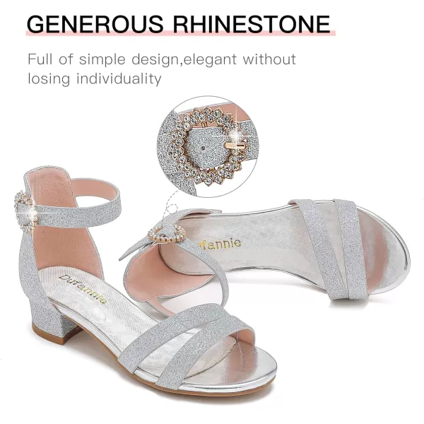 Dufannie Girls Sandals Low Heels Dress Pump Ankle Strap Open Toe Flower Girl Wedding Party for Toddler Little Big KidDouble Shimmer Silver