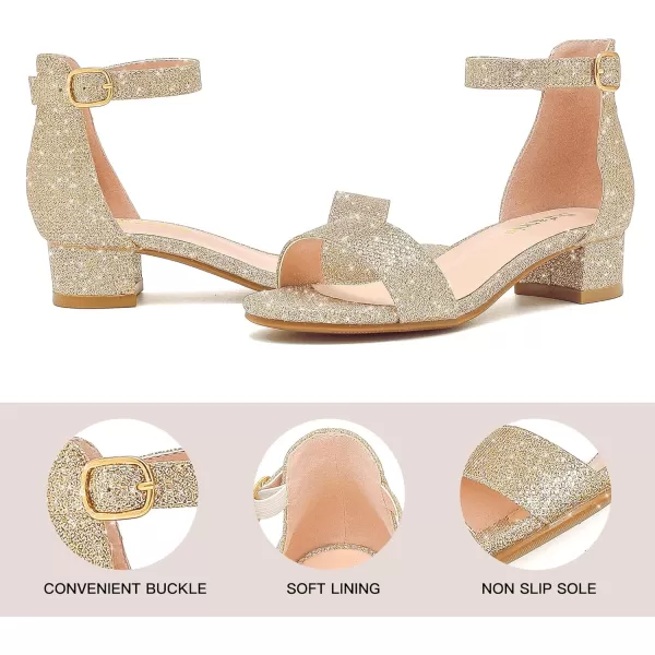 Dufannie Girls Sandals Low Heels Dress Pump Ankle Strap Open Toe Flower Girl Wedding Party for Toddler Little Big KidSingle Glitter Cham