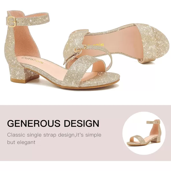 Dufannie Girls Sandals Low Heels Dress Pump Ankle Strap Open Toe Flower Girl Wedding Party for Toddler Little Big KidSingle Glitter Cham
