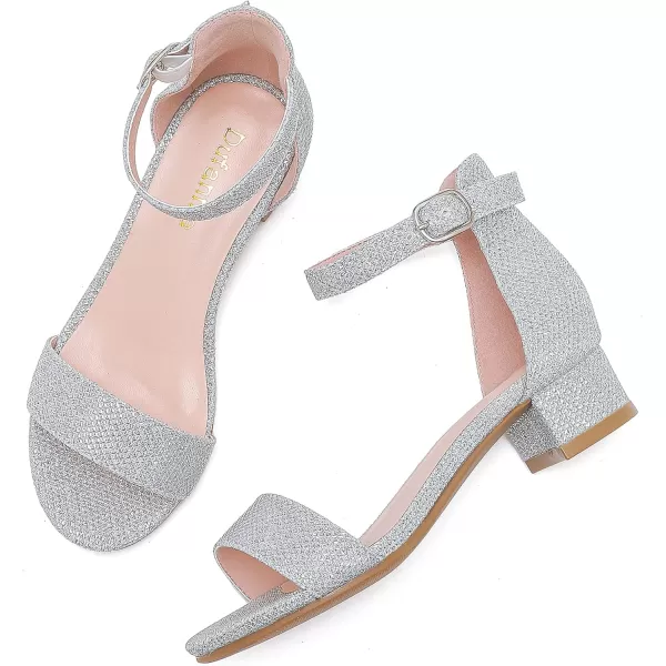 Dufannie Girls Sandals Low Heels Dress Pump Ankle Strap Open Toe Flower Girl Wedding Party for Toddler Little Big KidSingle Glitter Silver