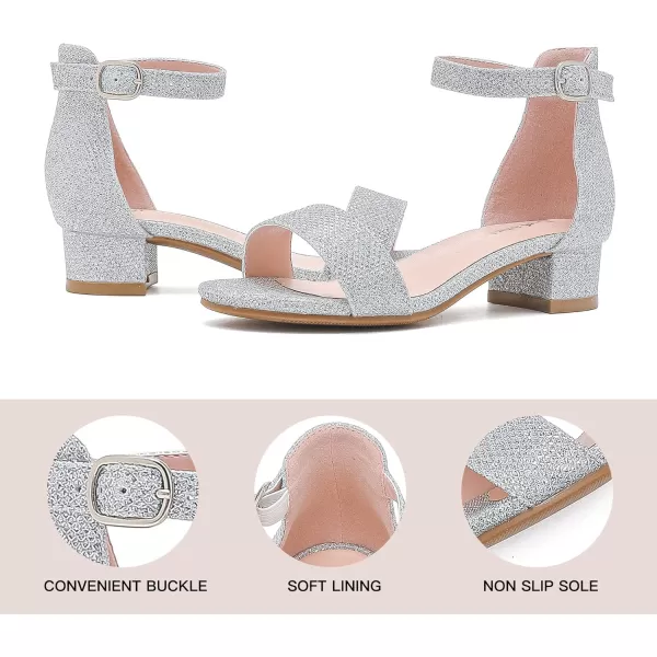 Dufannie Girls Sandals Low Heels Dress Pump Ankle Strap Open Toe Flower Girl Wedding Party for Toddler Little Big KidSingle Glitter Silver