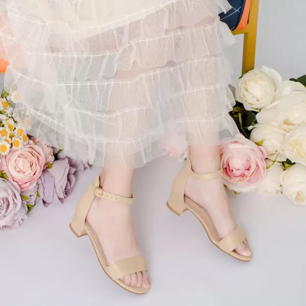 Dufannie Girls Sandals Low Heels Dress Pump Ankle Strap Open Toe Flower Girl Wedding Party for Toddler Little Big KidSingle Nude Suede