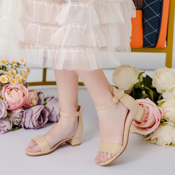 Dufannie Girls Sandals Low Heels Dress Pump Ankle Strap Open Toe Flower Girl Wedding Party for Toddler Little Big KidSingle Nude Suede