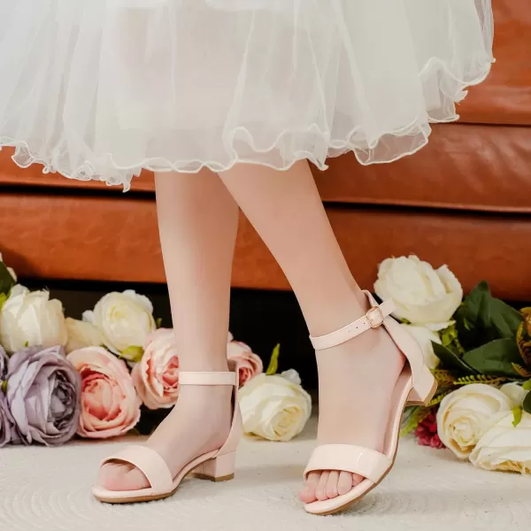 Dufannie Girls Sandals Low Heels Dress Pump Ankle Strap Open Toe Flower Girl Wedding Party for Toddler Little Big KidSingle Patent Blush