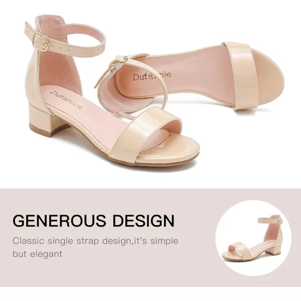 Dufannie Girls Sandals Low Heels Dress Pump Ankle Strap Open Toe Flower Girl Wedding Party for Toddler Little Big KidSingle Patent Nude