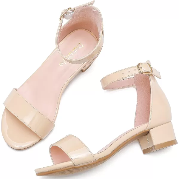 Dufannie Girls Sandals Low Heels Dress Pump Ankle Strap Open Toe Flower Girl Wedding Party for Toddler Little Big KidSingle Patent Nude